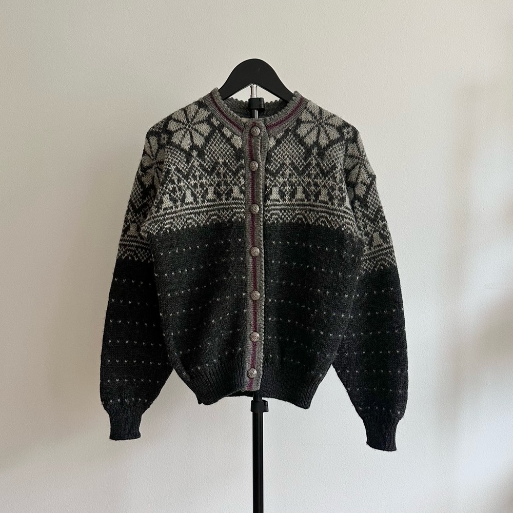 Vintage Alps Pure Wool Gray Fair Isle Crew Neck Cardigan Size L